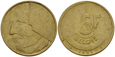 Бельгия 5 франков 1986 Belgie, Бодуэн I (1951-1993) KM 164 алюминиевая бронза 4601-253