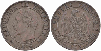 Франция 5 сантимов 1856 BB, Наполеон III (1852-1870) KM 777.3, LE FRANC 116.32 бронза 108-416