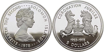 СОЛОМОНОВЫ ОСТРОВА 5 ДОЛЛАРОВ 1978 СЕРЕБРЯННЫЙ ЮБИЛЕЙ КОРОНАЦИИ ЕЛИЗАВЕТЫ II (1953-1978), ТИРАЖ 8846 ЭКЗ., ПРОБА 925, ВЕС 28,28 ГР. KM 8 серебро UNC 1078-7-11