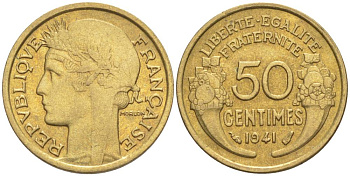 ФРАНЦИЯ 50 САНТИМОВ 1941 ТИП MORLON KM 894.1, LE FRANC 192.18 алюминиевая бронза 44-465