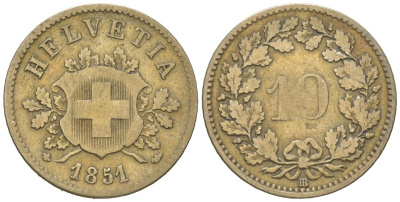 Швейцария 10 раппенов 1851 BB KM 6 серебро 4160-1115