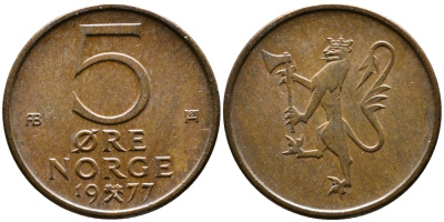Норвегия 5 эре 1977 Улаф V (1958-1991) KM 415 бронза 29-1121