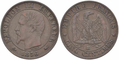 Франция 5 сантимов 1856 BB, Наполеон III (1852-1870) KM 777.3, LE FRANC 116.32 бронза 108-416