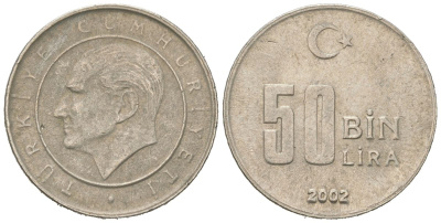 Турция 50000 лир 2002 Мустафа Кемаль Ататюрк KM 1105 медь цинк никель 218-769