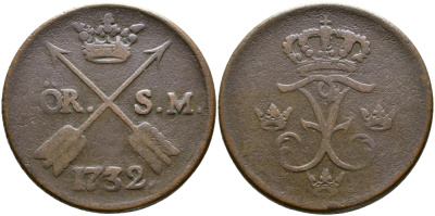 Швеция 1 эре 1732 S.M. Фредерик I (1720-1751) KM 416.1 медь 221-235