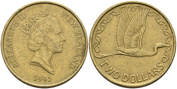 Новая Зеландия 2 доллара 1991 Елизавета II (1952-2022), большая белая цапля KM 79 алюминиевая бронза 59-535