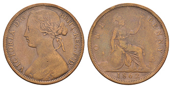 Великобритания 1 пенни 1862 Виктория (1837-1901) KM 749.2, Spink 3954 бронза 109-334