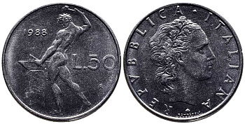 ИТАЛИЯ 50 ЛИР 1988 KM 95.1 нержавеющая сталь 261-711