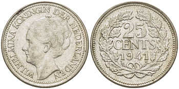 Нидерланды 25 центов 1941 Вильгельмина (1890-1948) KM 164 серебро aUNC 66-1148