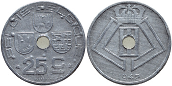 БЕЛЬГИЯ 25 САНТИМОВ 1942 BELGIE-BELGIQUE, ГЕРМАНСКАЯ ОККУПАЦИЯ, ВТОРАЯ МИРОВАЯ ВОЙНА KM 132 цинк 86-1041