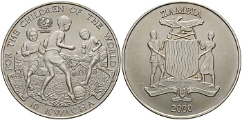 Замбия 10 квача 2000 ЮНИСЕФ, дети играют в футбол KM 119 медно-никель UNC 4552-735