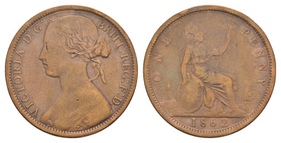 Великобритания 1 пенни 1862 Виктория (1837-1901) KM 749.2, Spink 3954 бронза 109-334