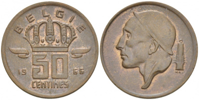 БЕЛЬГИЯ 50 САНТИМОВ 1966 BELGIE KM 149.1 бронза 3996-1253