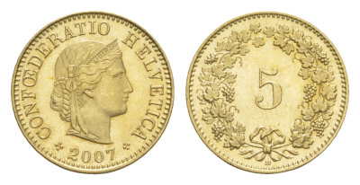 Швейцария 5 раппенов 2007 B KM 26c алюминиевая бронза UNC 4532-1022
