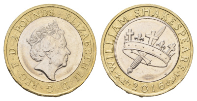 Великобритания 2 фунта 2016 400 лет со дня смерти Уильяма Шекспира. История KM 1384 биметалл UNC 4120-625