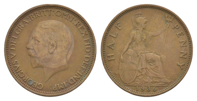 Великобритания 1/2 пенни 1936 Георг V (1910-1936) KM 837, Spink 4058 бронза 4656-223