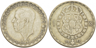 Швеция 1 крона 1947 TS, Густав V (1907-1950) KM 814 серебро 3718-622