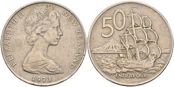 Новая Зеландия 50 центов 1973 Елизавета II (1952-2022), парусник Индевор KM 37.1 медно-никель 4131-1215