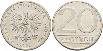 ПОЛЬША 20 ЗЛОТЫХ 1986 MW KM 153.1 медно-никель 77-714