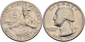 США 25 центов = квотер 1976 D, 200 лет независимости (1776-1976), Вашингтон, барабанщик KM 204 медь плакированная медно-никелем 4586-356