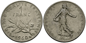 Франция 1 франк 1960 сеятель KM 925 никель 4135-813