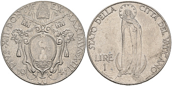 Ватикан 1 лира 1941 Пий XII, Дева Мария KM 26 a сталь UNC 63-832