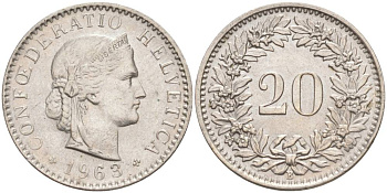 ШВЕЙЦАРИЯ 20 РАППЕНОВ 1963 В KM 29a медно-никель 55-831