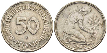 ФРГ 50 ПФЕННИГОВ 1950 F KM 109.1, J. 384 медно-никель 75-468