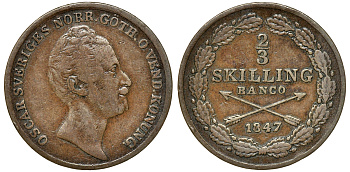 Швеция 2/3 скиллинга 1847 Оскар I (1844-1859) I KM 663 медь 4179-1036