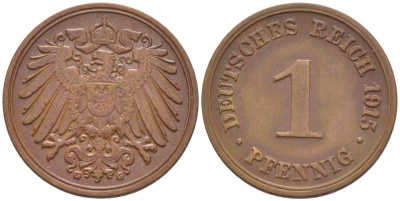 ГЕРМАНИЯ 1 ПФЕННИГ 1915 G KM 10, J. 10, Weege 2 медь 206-443