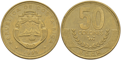 КОСТА-РИКА 50 КОЛОН 1999 KM 231.1 латунь 82-213