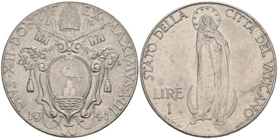 Ватикан 1 лира 1941 Пий XII, Дева Мария KM 26 a сталь UNC 63-832