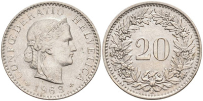 ШВЕЙЦАРИЯ 20 РАППЕНОВ 1963 В KM 29a медно-никель 55-831