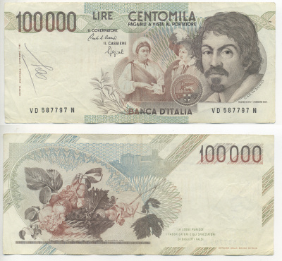 Италия 100000 лир 1983 Караваджо, фруктовый букет, подпись Stevani Pick 110а бумага 7220-4-3