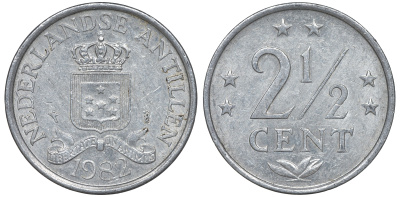 Нидерландские Антилы 2 1/2 цента 1982 Беатрикс (1980-2013) KM 9a алюминий 4610-825