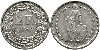 ШВЕЙЦАРИЯ 2 ФРАНКА 1968 В KM 21а.1 медно-никель 4538-131