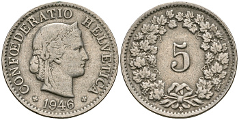 Швейцария 5 раппенов 1946 В KM 26 медно-никель 4608-1041