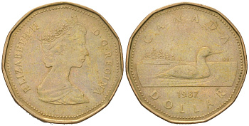 Канада 1 доллар 1987 утка, Елизавета II (1952-2022) KM 157 никель плакированный позолоченной бронзой 190-725