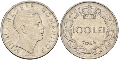 Румыния 100 леев 1943 Михай I (1940-1947) KM 64 сталь плакированная никелем aUNC 93-916