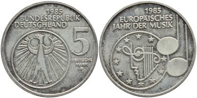 ФРГ 5 МАРОК 1985 F, ГОД МУЗЫКИ КМ 162, J.437 медно-никель плакированный никелем UNC 4394-136