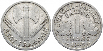 ФРАНЦИЯ 1 ФРАНК 1942 LB, ТИП LOURDЕ, ПРАВИТЕЛЬСТВО ВИШИ KM 902.1, LE FRANC 222.2 алюминий 4448-321
