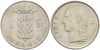 Бельгия 1 франк 1975 Belgie, Бодуэн I (1951-1993) KM 143.1 медно-никель 213-351