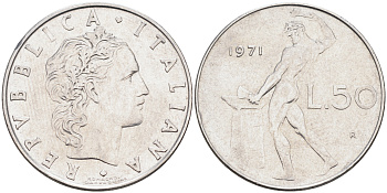 ИТАЛИЯ 50 ЛИР 1971 R, БОГ ОГНЯ ВУЛКАН У НАКОВАЛЬНИ KM 95.1 нержавеющая сталь 4589-644