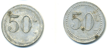 ФРАНЦИЯ 50 САНТИМОВ НАЧАЛО XX ВЕКА d 24 мм, вес около 1,0 гр., платежный жетон алюминий 89-924