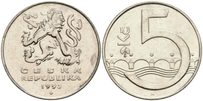 Чехия 5 крон 1993 чешский лев, Карлов мост KM 8 сталь плакированная никелем 08-911