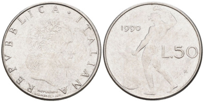 Италия 50 лир 1990 R, бог огня Вулкан у наковальни KM 95.2 нержавеющая сталь 4549-647