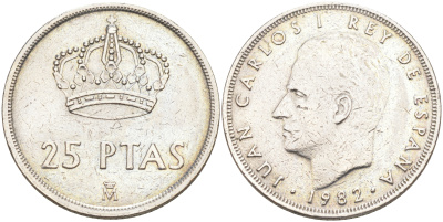 Испания 25 песет 1982 Хуан Карлос I (1975-2014) KM 824 медно-никель 106-242