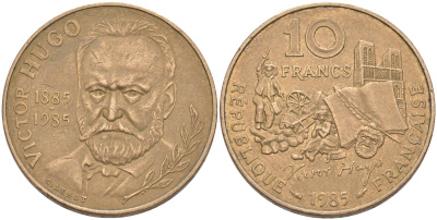 ФРАНЦИЯ 10 ФРАНКОВ 1985 ВИКТОР ГЮГО KM 956 никель латунь 4111-116