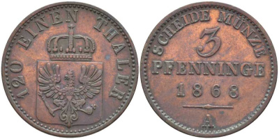 ПРУССИЯ 3 ПФЕННИГА 1868 А, ВИЛЬГЕЛЬМ I (1861-1888) KM 482 медь 117-1123