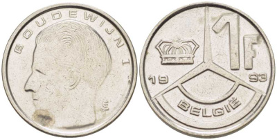 БЕЛЬГИЯ 1 ФРАНК 1993 BELGIE, БОДУЭН I (1951-1993) KM 171 железо плакированное никелем 206-229